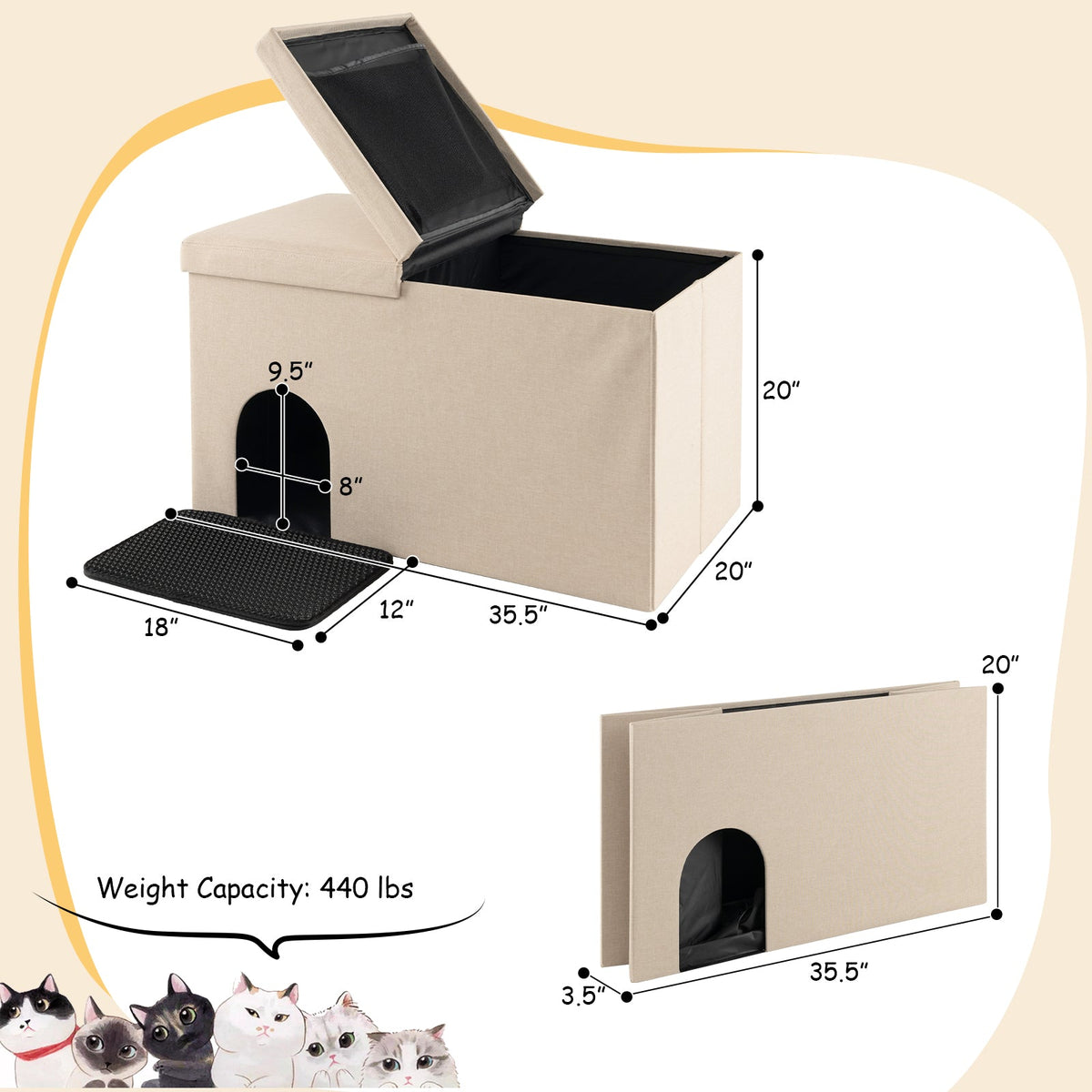 Beige cat litter box enclosure with lift-top lid and urine-proof litter mat DirectDeals on Tampa Home & Garden Store