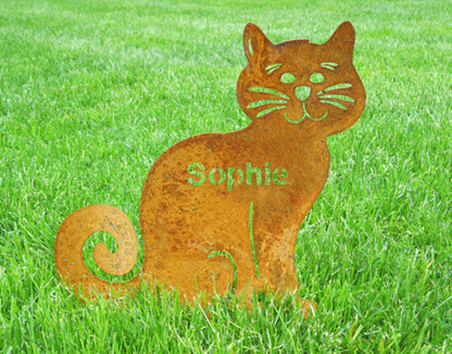 Ziggly Cat yard ornament rusty metal cat with Sophie lettering by Rustica Ornamentals on Tampa Home & Garden Store