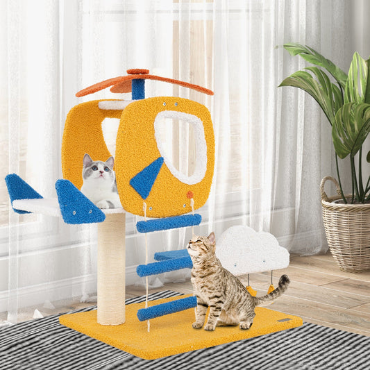 Indoor Small Aviation-themed Cat Tree Cat Tower with Helicopter Top Perch-Yellow - Tampa Home & Garden Store