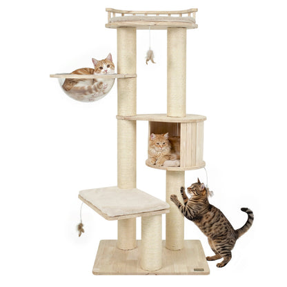 Multi-Level Cat Tree by DirectDeals with perch, condo and sisal posts; 3 cats on it on Tampa Home & Garden Store