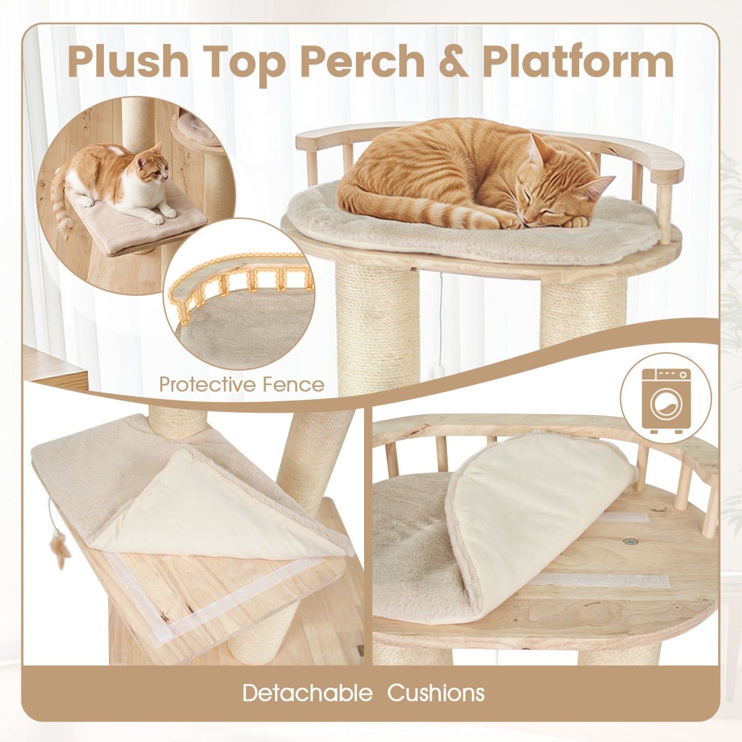 Multi-Level Cat Tree with Perch, Condo & Posts in wood-toned cushion, cat sleeping atop on Tampa Home & Garden Store