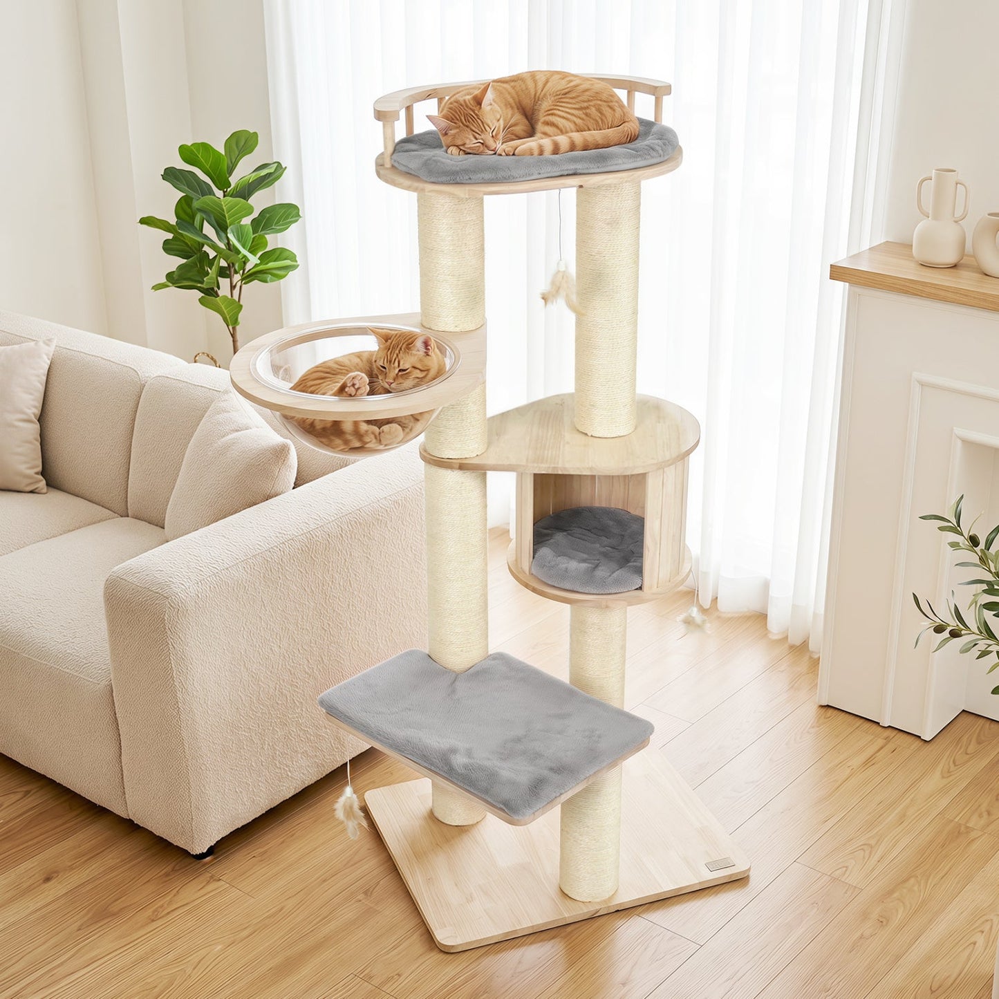 Multi-Level Cat Tree with Perch, Condo & Scratching Posts in beige wood; two orange cats on Tampa Home & Garden Store