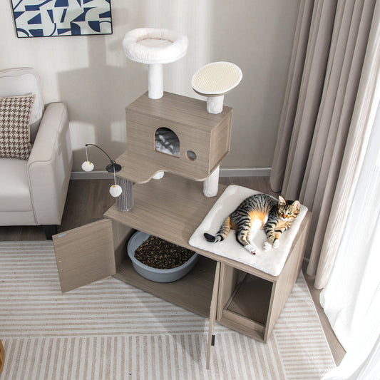 2-in-1 Modern Cat Tower with Litter Box Enclosure for Indoor Cars-Gray - Tampa Home & Garden Store