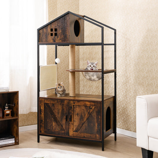Cat Tree with Litter Box Enclosure Industrial Cat Tower Multi-level Cat Condo Furniture for Indoor Cats-Rustic Brown - Tampa Home & Garden Store