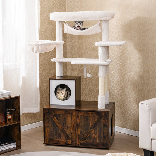 Cat Tree with Litter Box Enclosure for Indoor Cats-Rustic Brown - Tampa Home & Garden Store