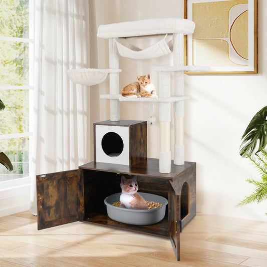 Cat Tree with Litter Box Enclosure for Indoor Cats-Rustic Brown - Tampa Home & Garden Store