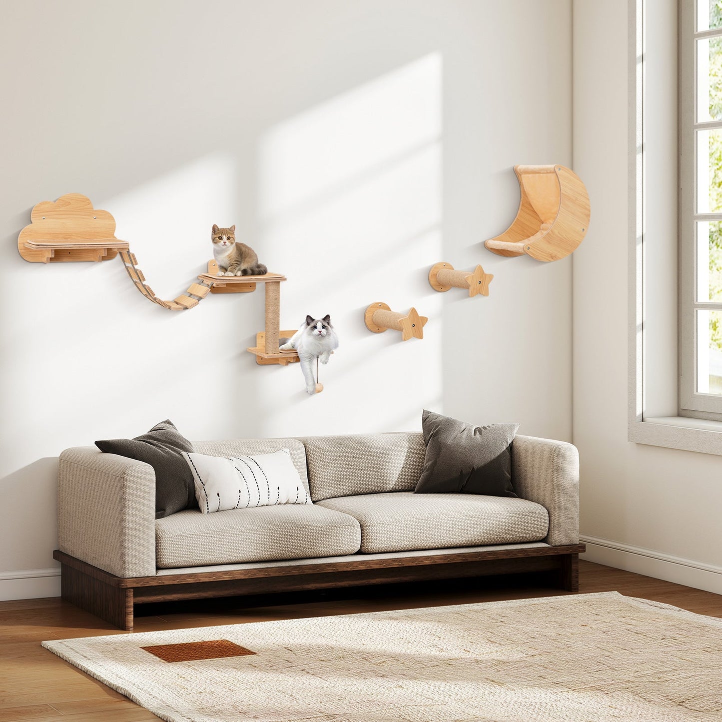 Cat Wall Furniture Set Kitten Wall Mounted Shelves with Hammock-Natural