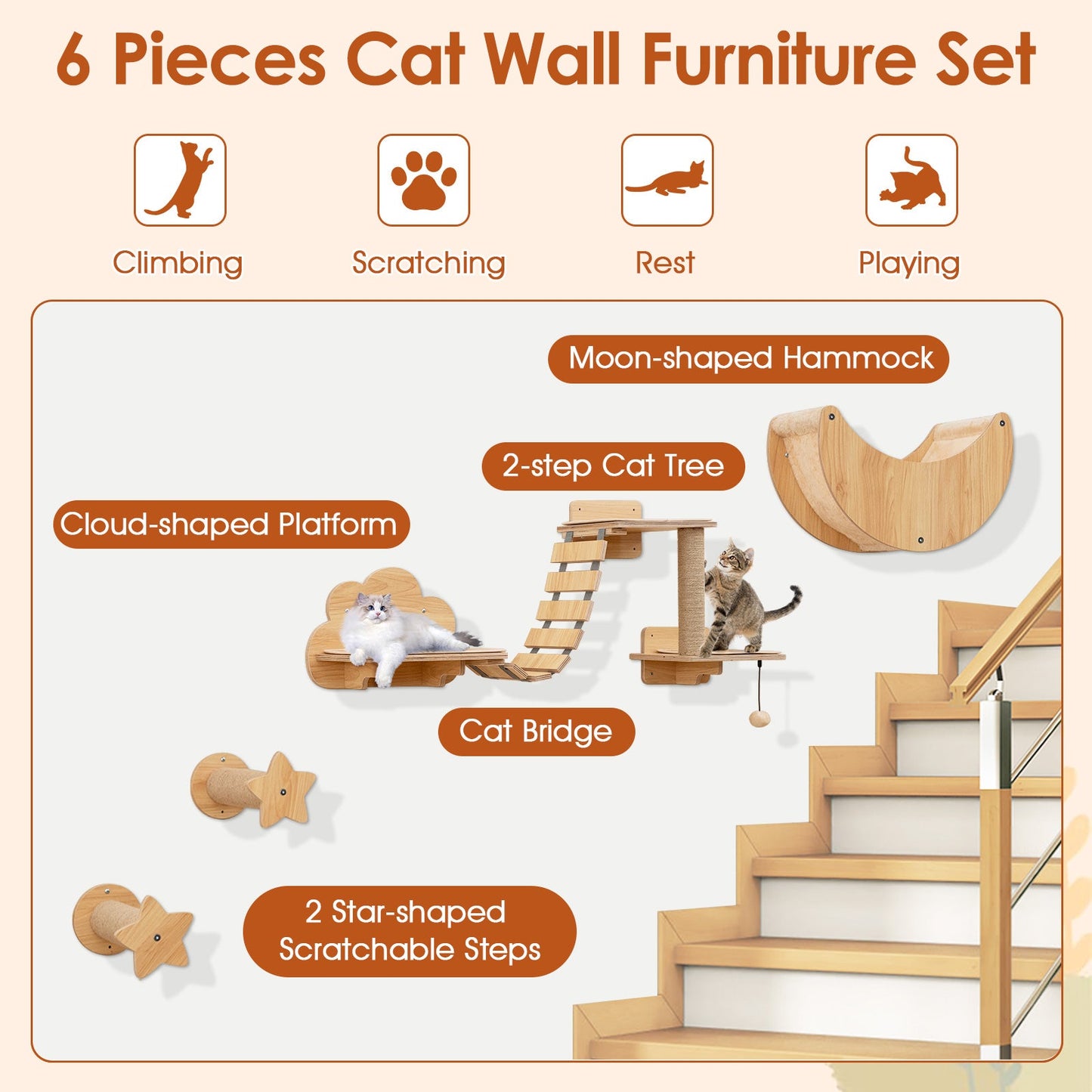 Cat Wall Furniture Set Kitten Wall Mounted Shelves with Hammock-Natural