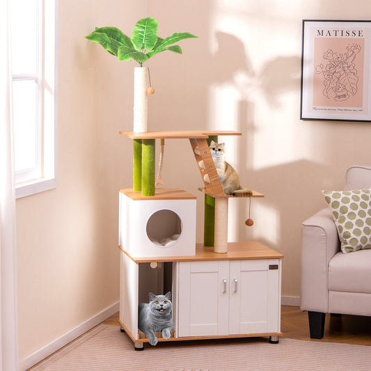 Hidden Cat Washroom with Cat Tower for Indoor Cats-White - Tampa Home & Garden Store