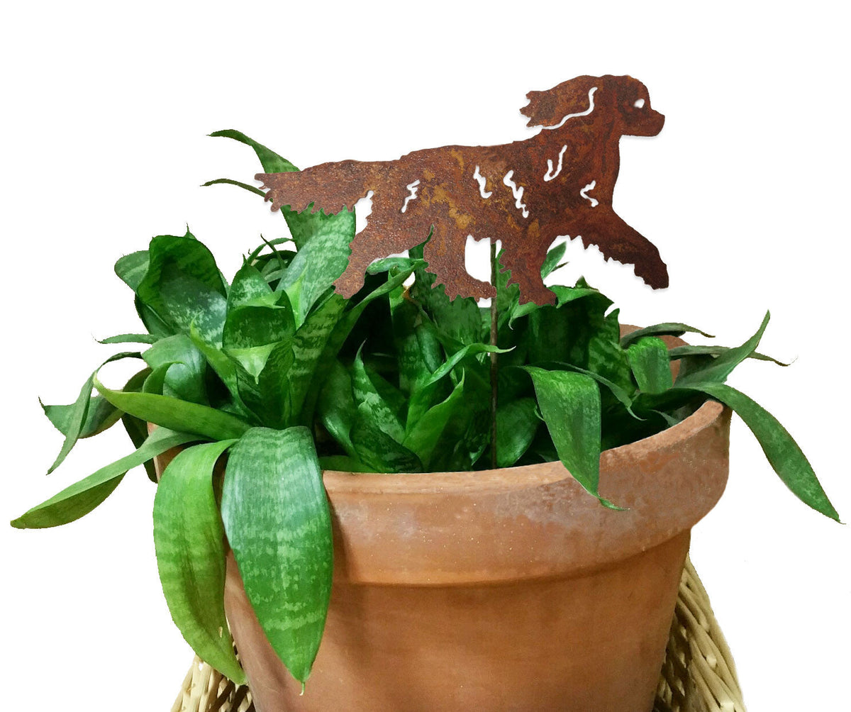 Cavalier King Charles Spaniel Plant Stake in rusted metal atop terracotta pot with green foliage on Tampa Home & Garden Store