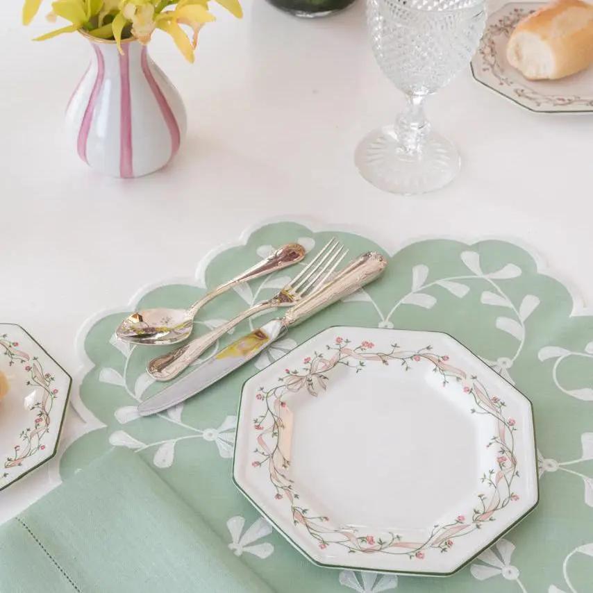 Classic Celadon Linen Napkin and Placemat Set mint placemat with scalloped edge and floral border on Tampa Home & Garden Store