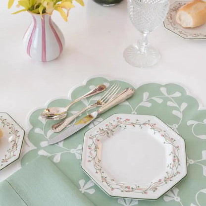 Classic Celadon Linen Napkin and Placemat Set mint placemat with scalloped edge and floral border on Tampa Home & Garden Store