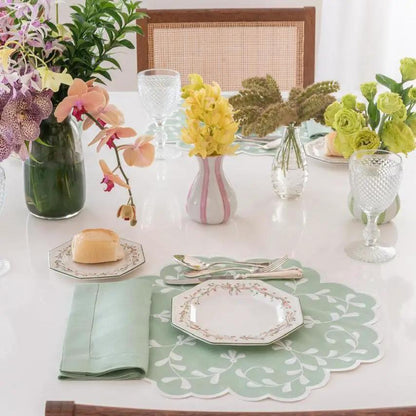 Classic Celadon Linen Napkin and Placemat Set with mintgreen placemat on white table on Tampa Home & Garden Store