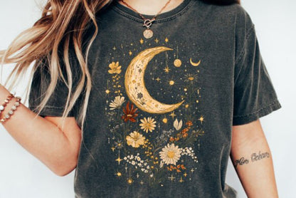 Celestial Moon Boho Flowers charcoal bamboo/cotton tee with gold moon print by Spun Bamboo on Tampa Home & Garden Store