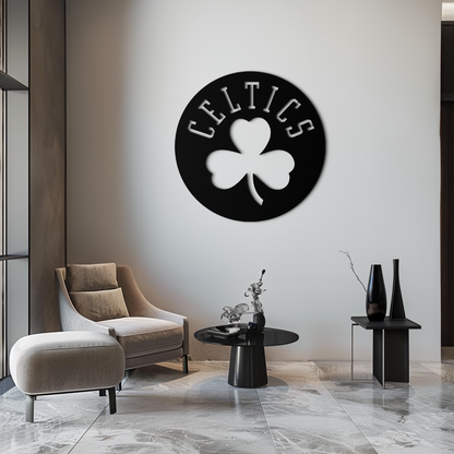 Arte de pared metálico con el emblema del trébol de los Celtics: decoración deportiva redonda y llamativa para aficionados - KAF671