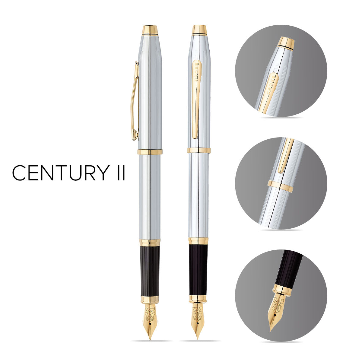 Century II Medalist Gold Plated Medium Fountain Pen by Cross, silver body with gold trim, pair on Tampa Home & Garden Store