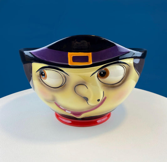 Large 12" Candy Bowl with Grinning Witch for Halloween Candy. Funny Trick or Treat Dish. Unusual Seasonal Fall Home or Retail Decor. Kids Room.