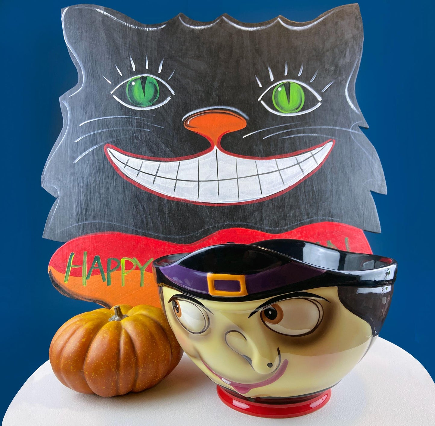 Large 12" Candy Bowl with Grinning Witch for Halloween Candy. Funny Trick or Treat Dish. Unusual Seasonal Fall Home or Retail Decor. Kids Room.
