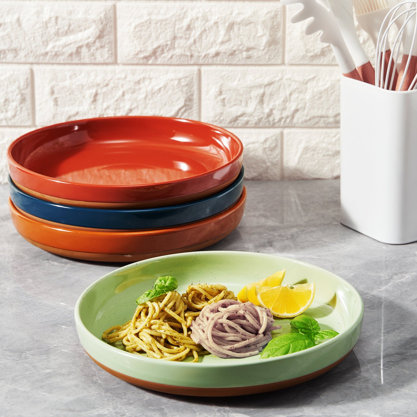 Muted Tonal Ceramic Flat Bowls Set of Four