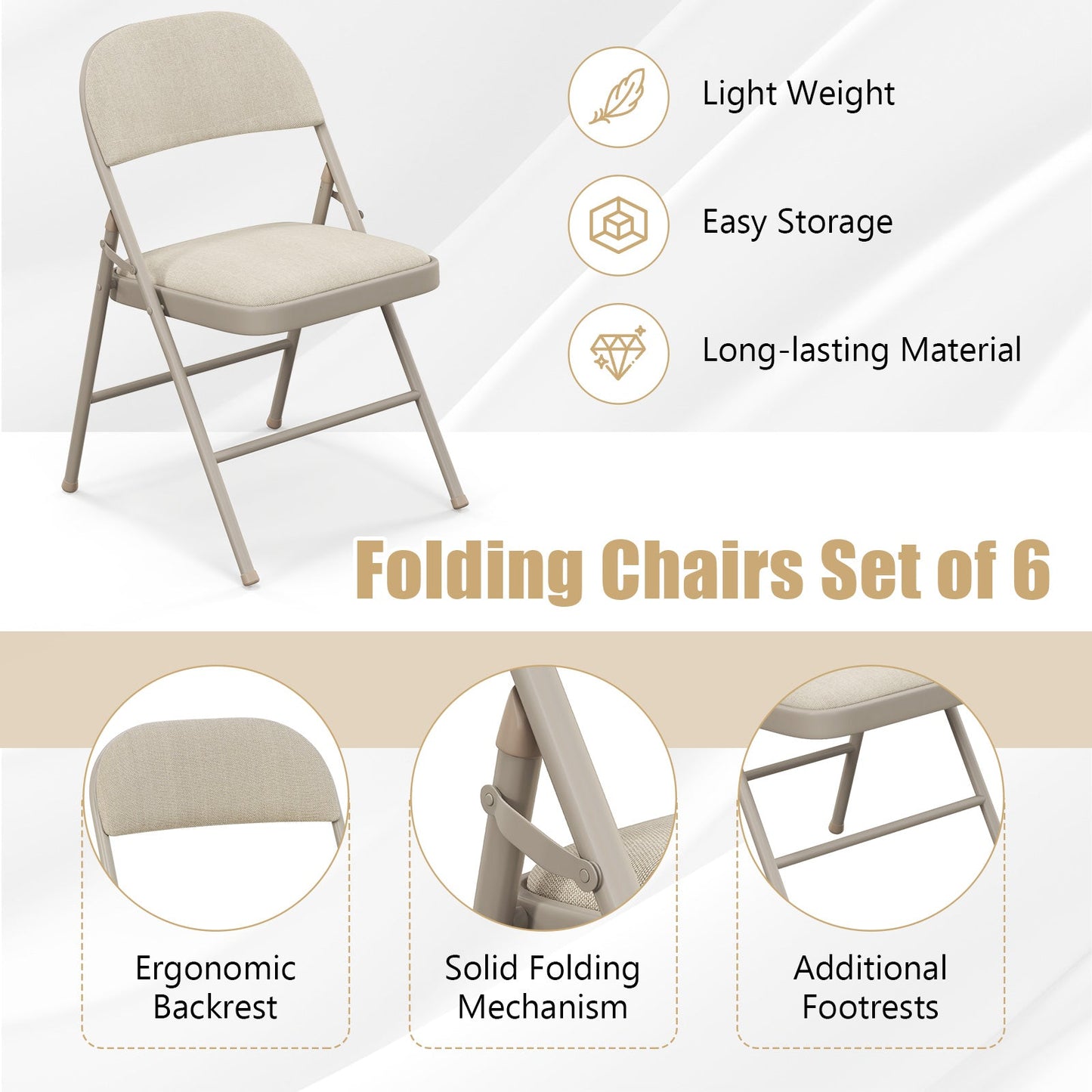 Juego de 6 sillas plegables con asiento acolchado y respaldo tapizado en tela - Juego de 6