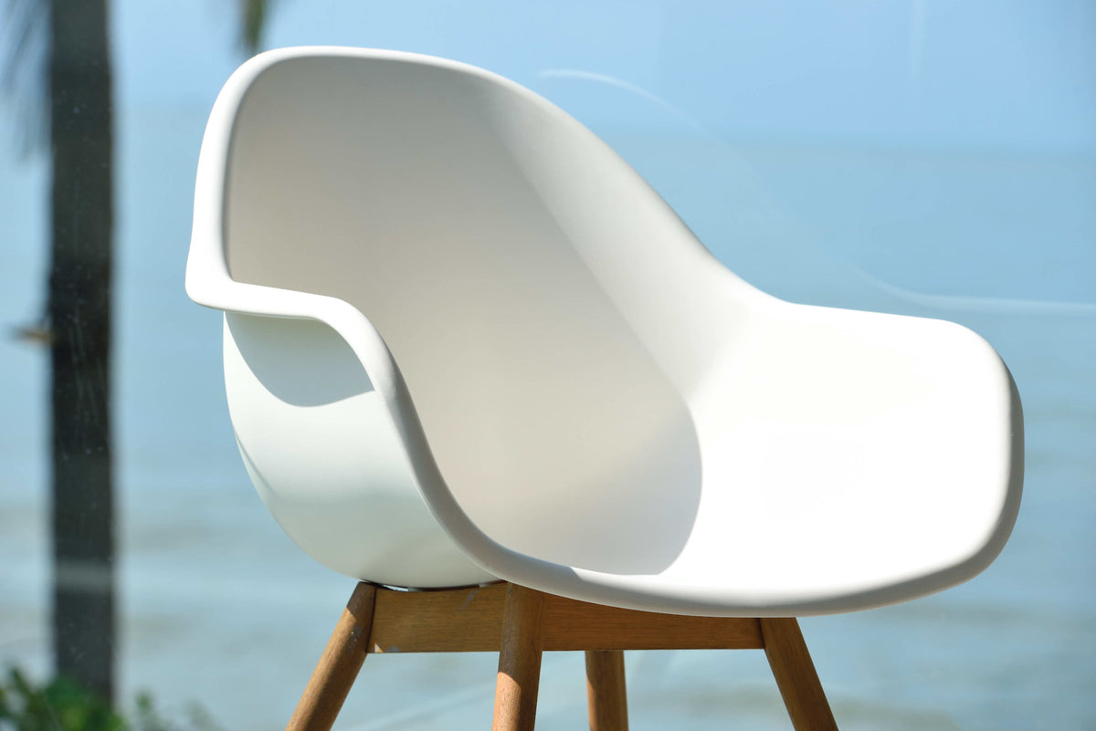 Chamonix Arm Chair white molded seat with wooden legs for outdoor use on Tampa Home & Garden Store