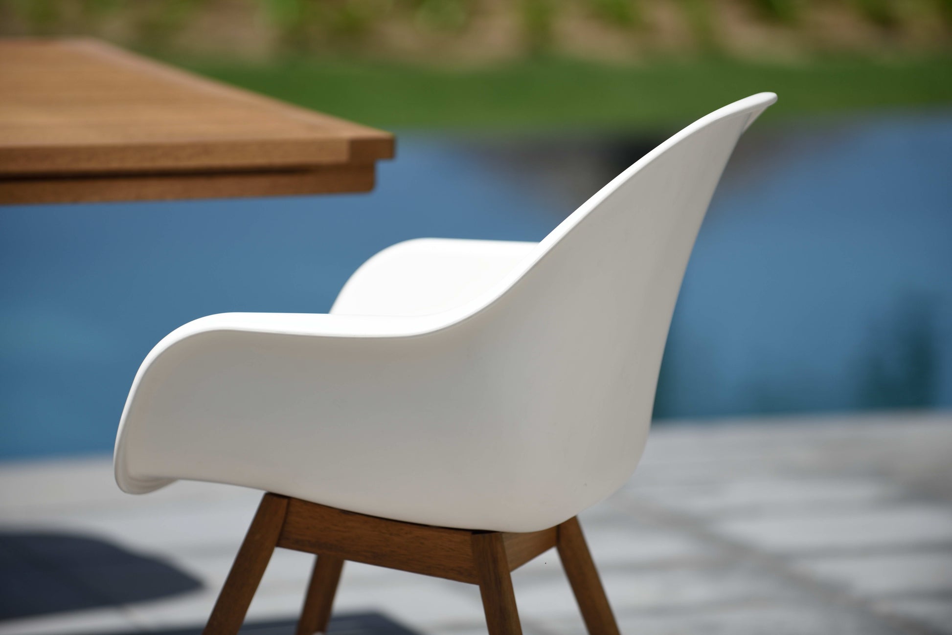 Chamonix resin and FSC wood arm chairs 2pc white outdoor chairs with wooden legs on Tampa Home & Garden Store