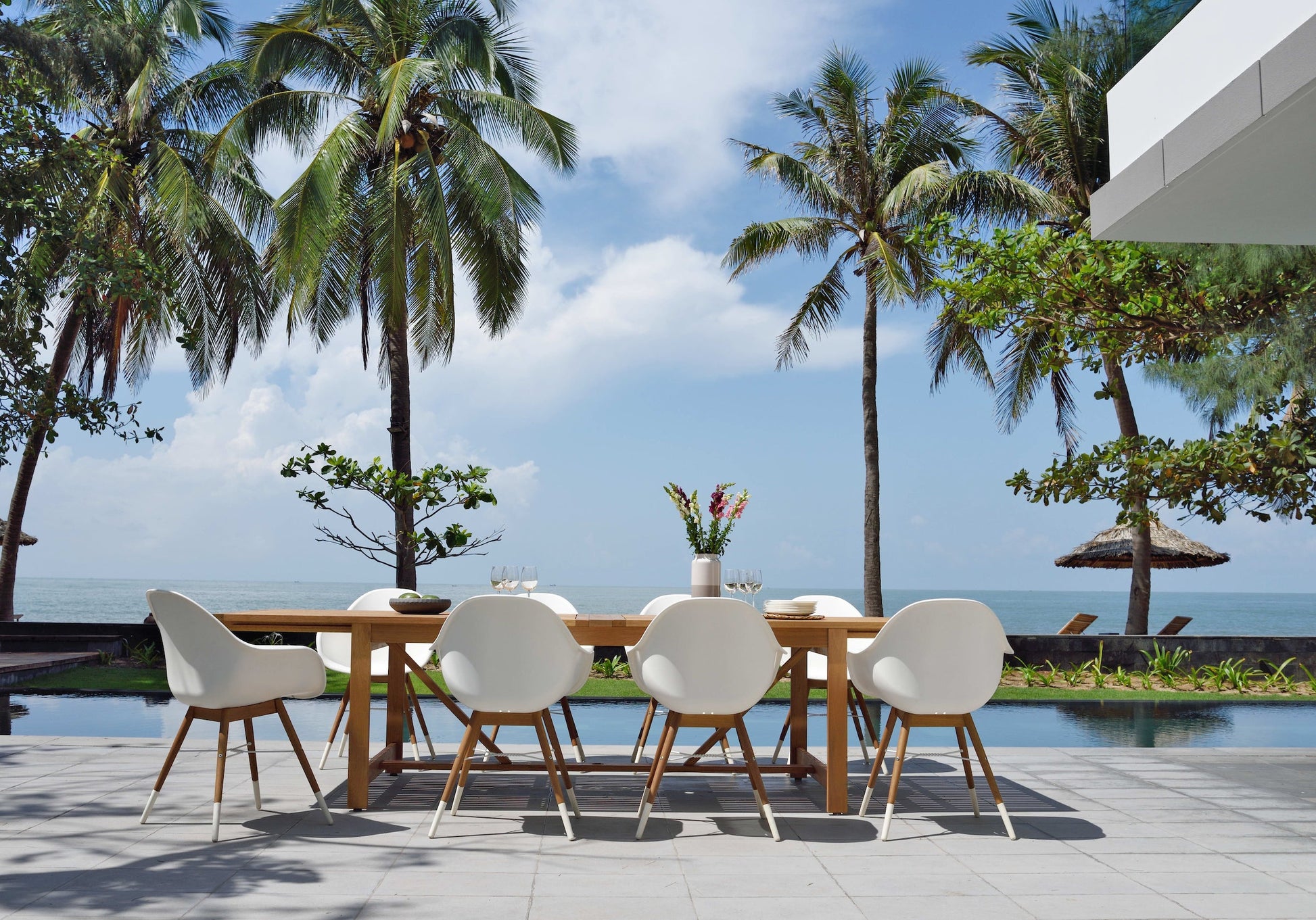 Leyland Table & 8 Chamonix Armchairs Dining Set natural wood table with white chairs patio set on Tampa Home & Garden Store