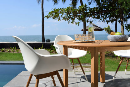 Chamonix Resin and FSC Wood Arm Chairs - 2pc, white outdoor chairs with wooden legs by ocean on Tampa Home & Garden Store
