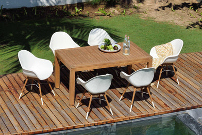 Chamonix resin and FSC wood arm chairs, six white chairs surround a wooden dining table on Tampa Home & Garden Store