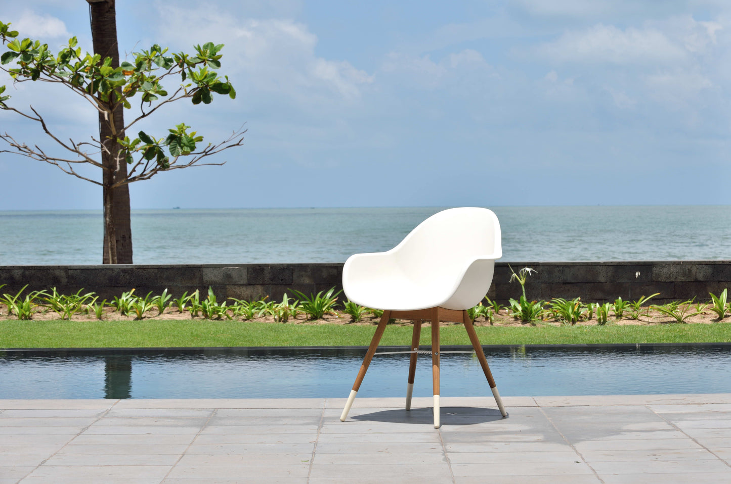 Chamonix resin and FSC wood arm chairs 2pc set, white outdoor chairs with wooden legs on Tampa Home & Garden Store