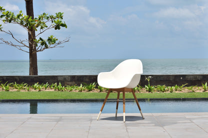 Chamonix resin and FSC wood arm chairs 2pc set, white outdoor chairs with wooden legs on Tampa Home & Garden Store