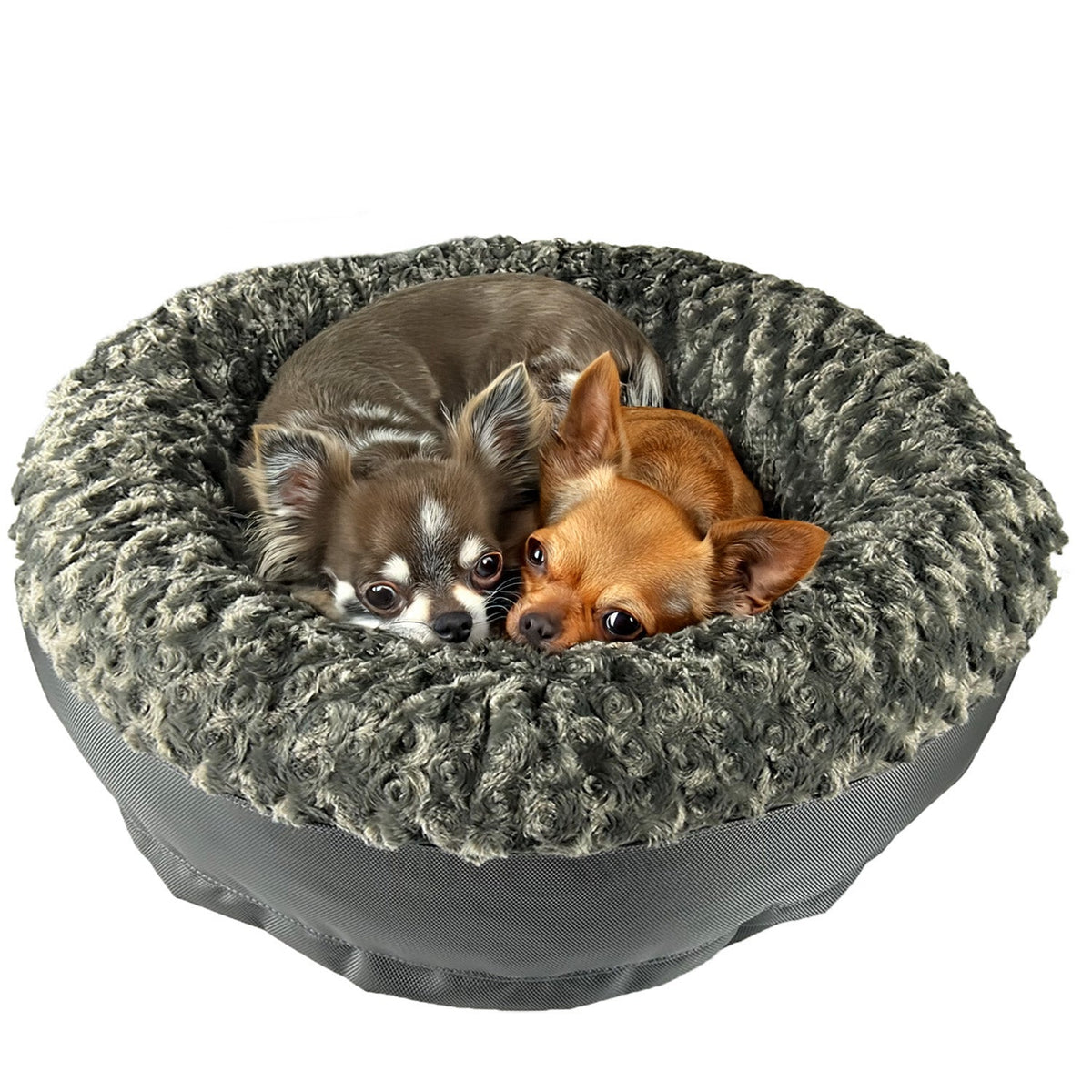 Dog Bed - Round Bolstered Furvana™; American Dog gray plush bed with two dogs on Tampa Home & Garden Store