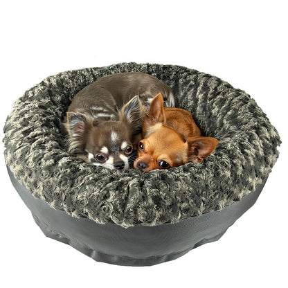 Dog Bed - Round Bolstered Furvana™; American Dog gray plush bed with two dogs on Tampa Home & Garden Store