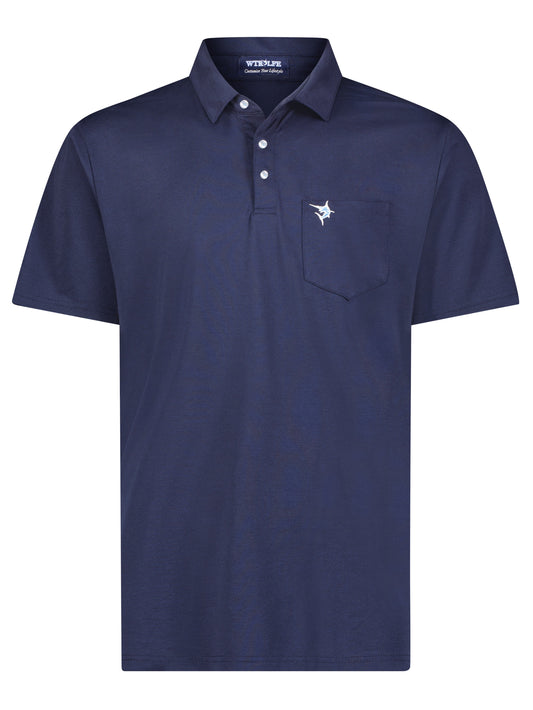 Charleston Polo navy polo shirt with left chest pocket and White Water Life logo on Tampa Home & Garden Store