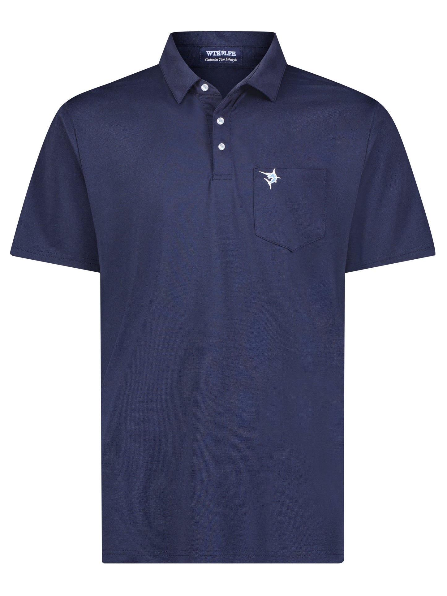 Charleston Polo navy polo with left chest pocket and White Water Life logo on Tampa Home & Garden Store
