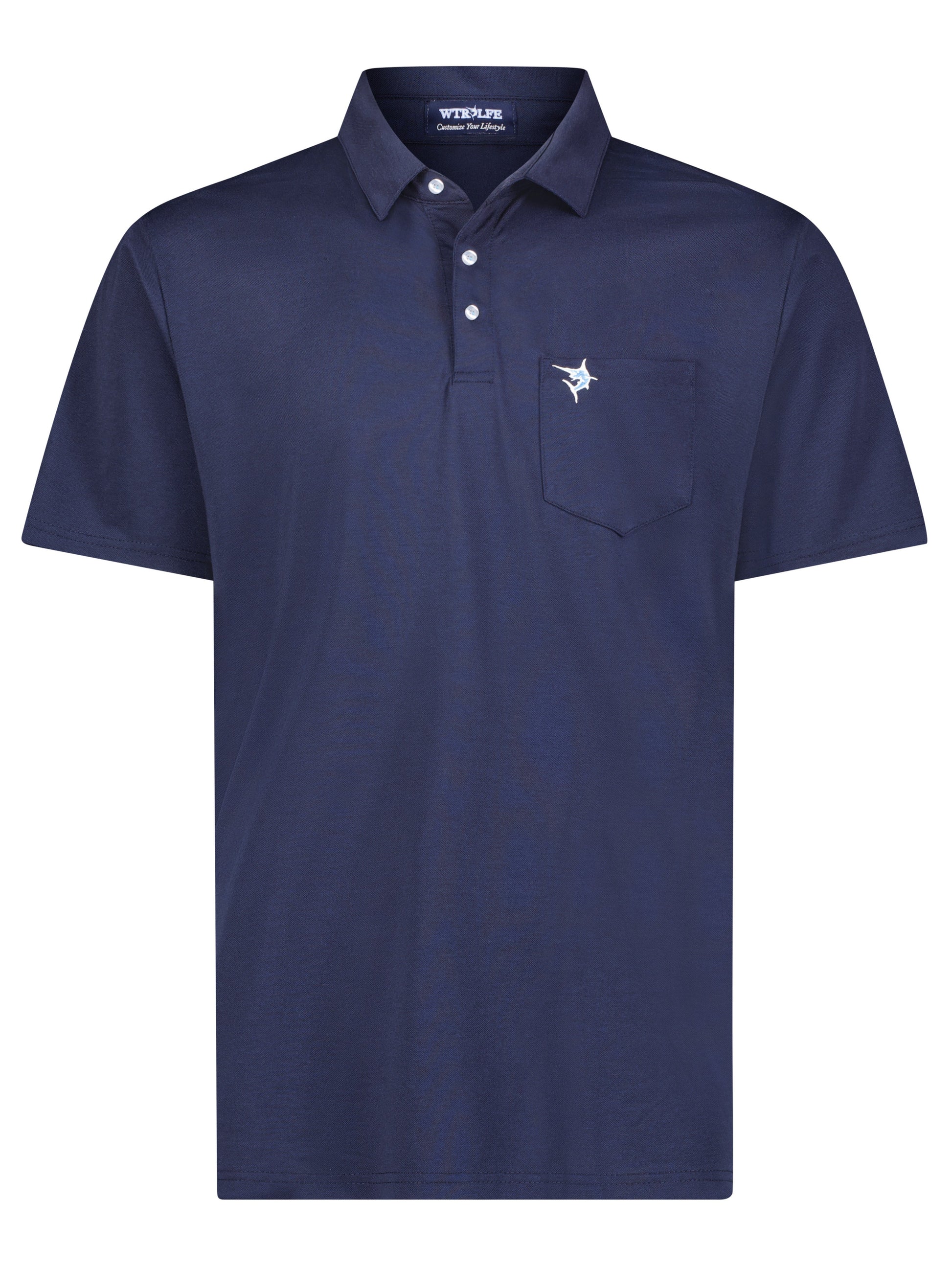 Charleston Polo navy polo with left chest pocket and White Water Life logo on Tampa Home & Garden Store