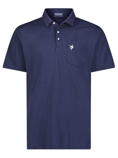 Charleston Polo navy polo with left chest pocket and White Water Life logo on Tampa Home & Garden Store