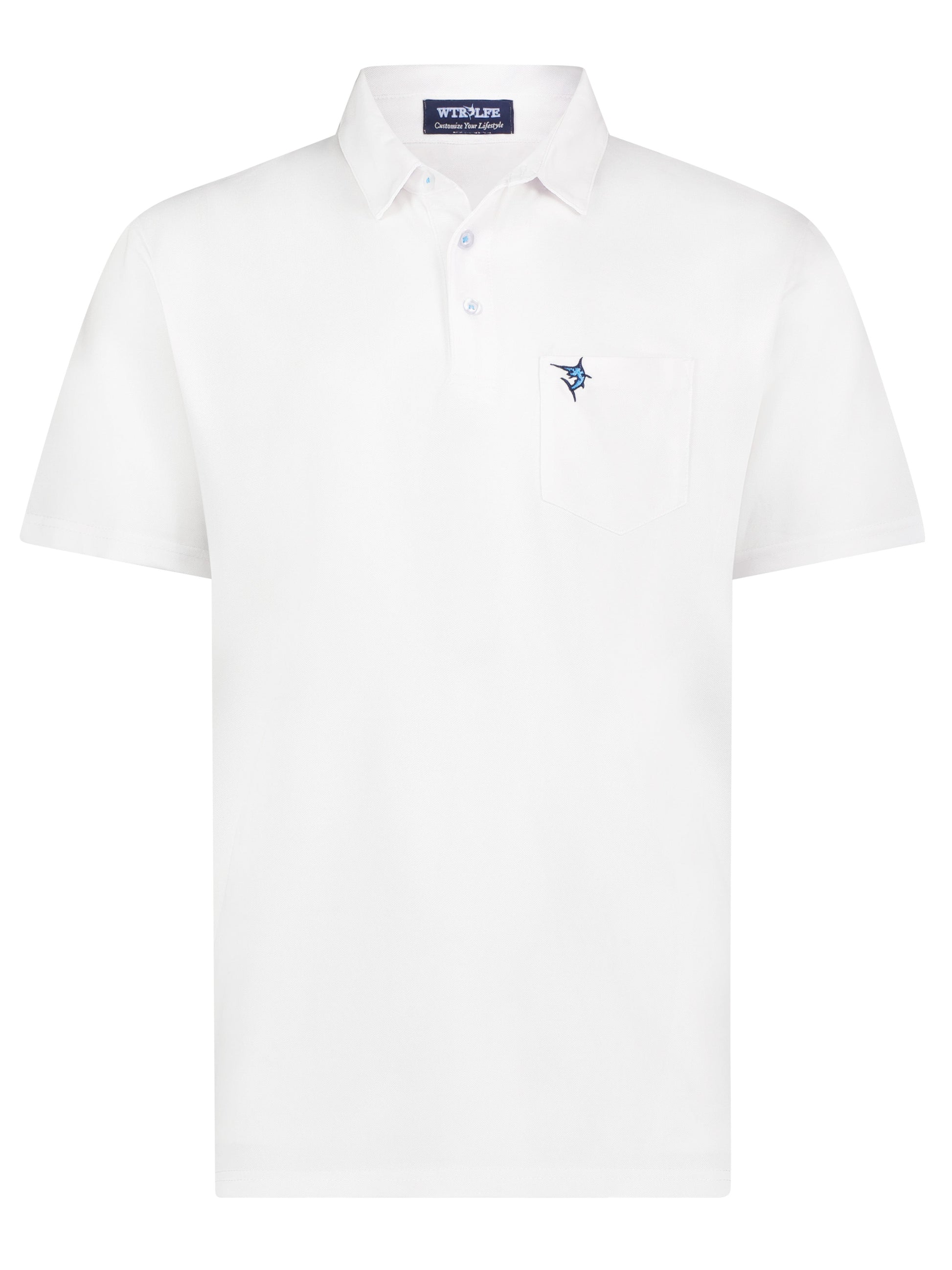 Charleston Polo white polo with blue marlin logo on left chest pocket by White Water Life on Tampa Home & Garden Store