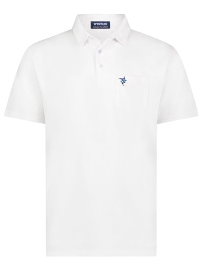 Charleston Polo white polo with blue marlin logo on left chest pocket by White Water Life on Tampa Home & Garden Store