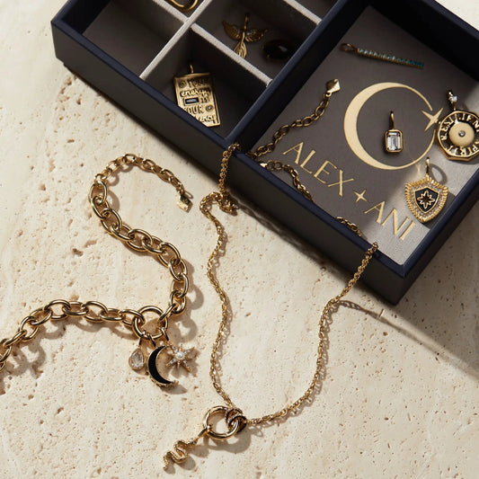 Jewelry Storage Tray, navy ALEX AND ANI organizer with gold chains and pendants on Tampa Home & Garden Store