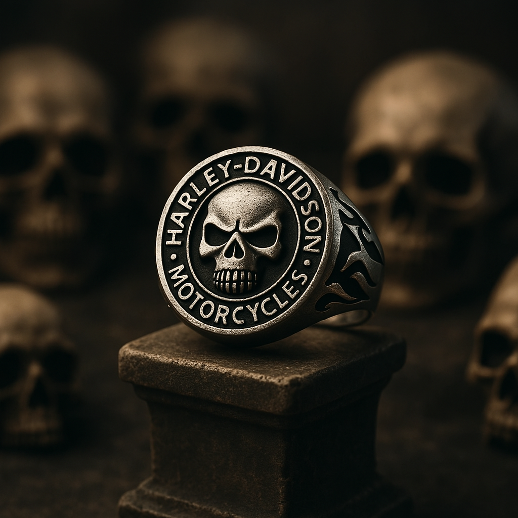 Rebel Skull Ring by BikerZoneZ, metal ring with bold skull centerpiece and flame accents on Tampa Home & Garden Store
