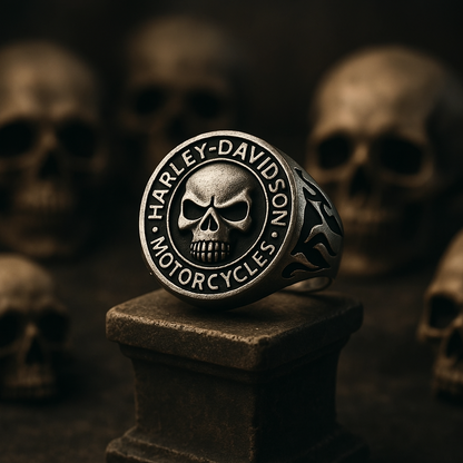 Rebel Skull Ring by BikerZoneZ, metal ring with bold skull centerpiece and flame accents on Tampa Home & Garden Store