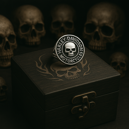 Rebel Skull Ring by BikerZoneZ, silver skull with Harley-Davidson emblem on a wooden display box on Tampa Home & Garden Store