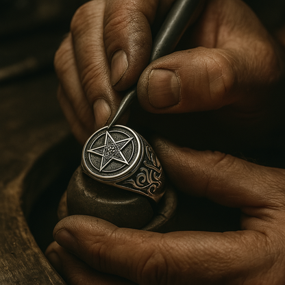 Hellstar Ring by BikerZoneZ, silver pentagram crest with ornate engravings being crafted on Tampa Home & Garden Store