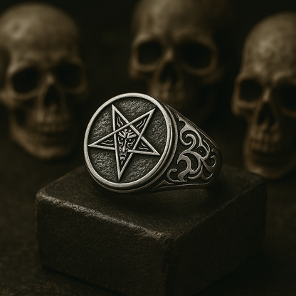 Hellstar Ring by BikerZoneZ in silver-tone metal with pentagram crest on Tampa Home & Garden Store