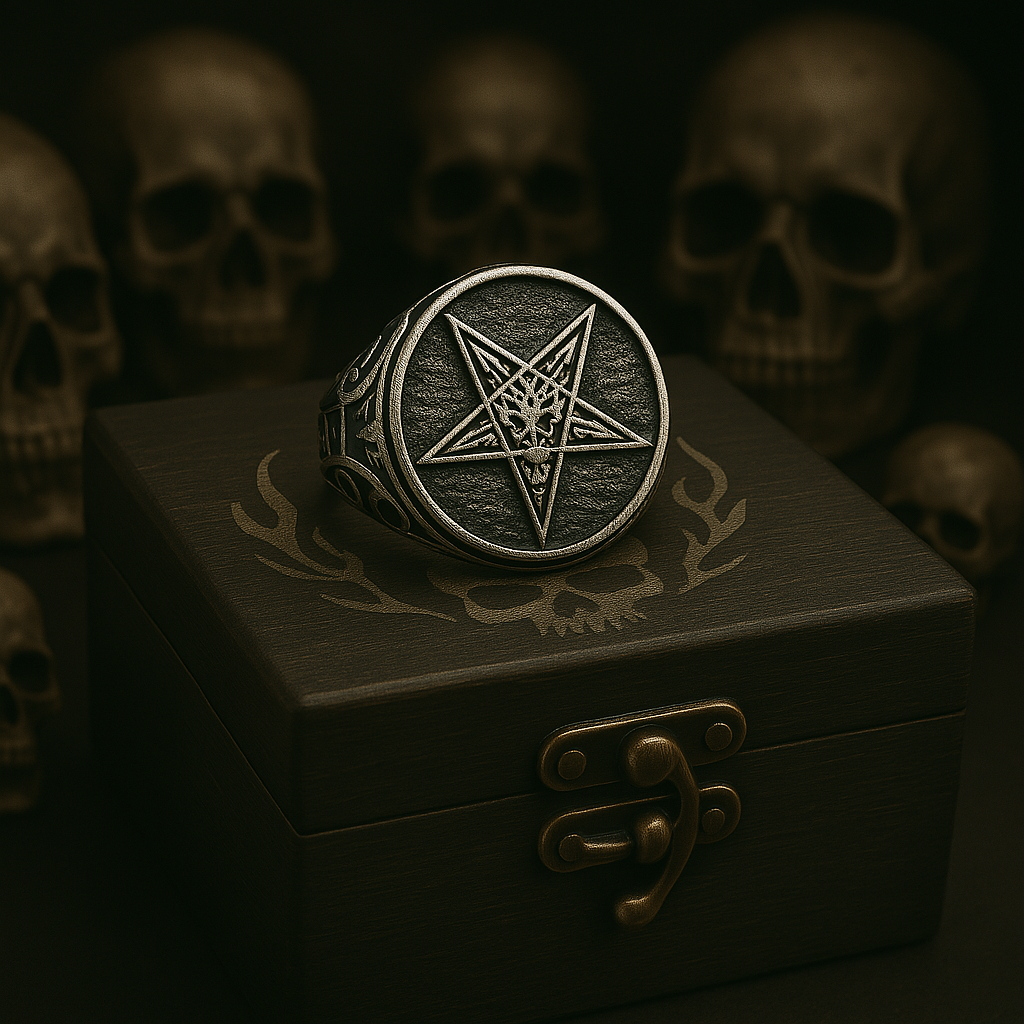 Hellstar Ring by BikerZoneZ, silver-tone pentagram ring on a textured round face on Tampa Home & Garden Store
