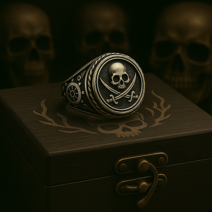 Corsair's Oath ring by BikerZoneZ, silver-toned metal with skull and crossed swords motif on Tampa Home & Garden Store
