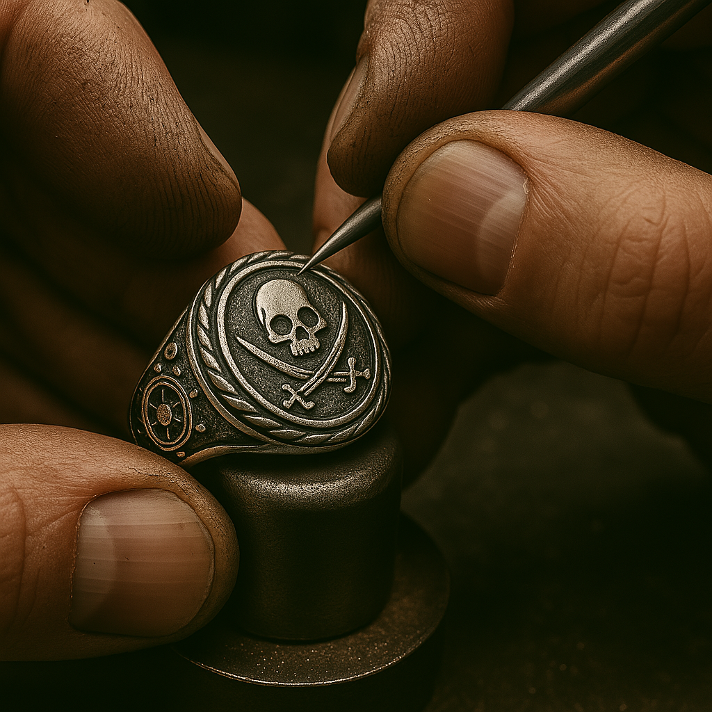 Corsair's Oath ring by BikerZoneZ, dark metal skull crest with laurel wreath and crossed swords on Tampa Home & Garden Store