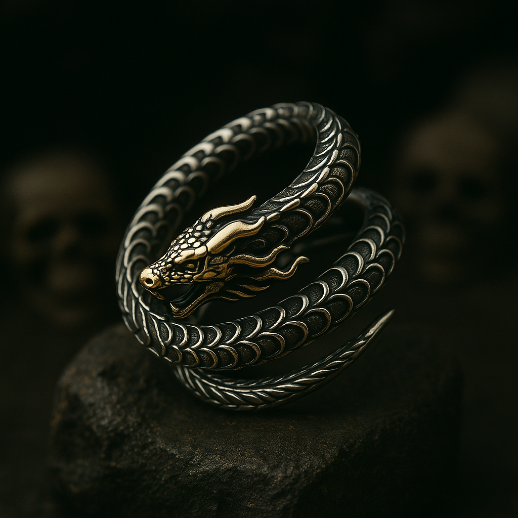 Draco Coil Ring by BikerZoneZ antique silver wrap ring with dragon head and scale coils on Tampa Home & Garden Store