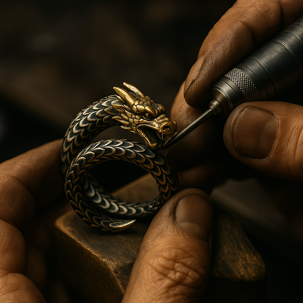 Draco Coil Ring with gold dragon head on dark scale-textured coiled band; drill work in progress on Tampa Home & Garden Store